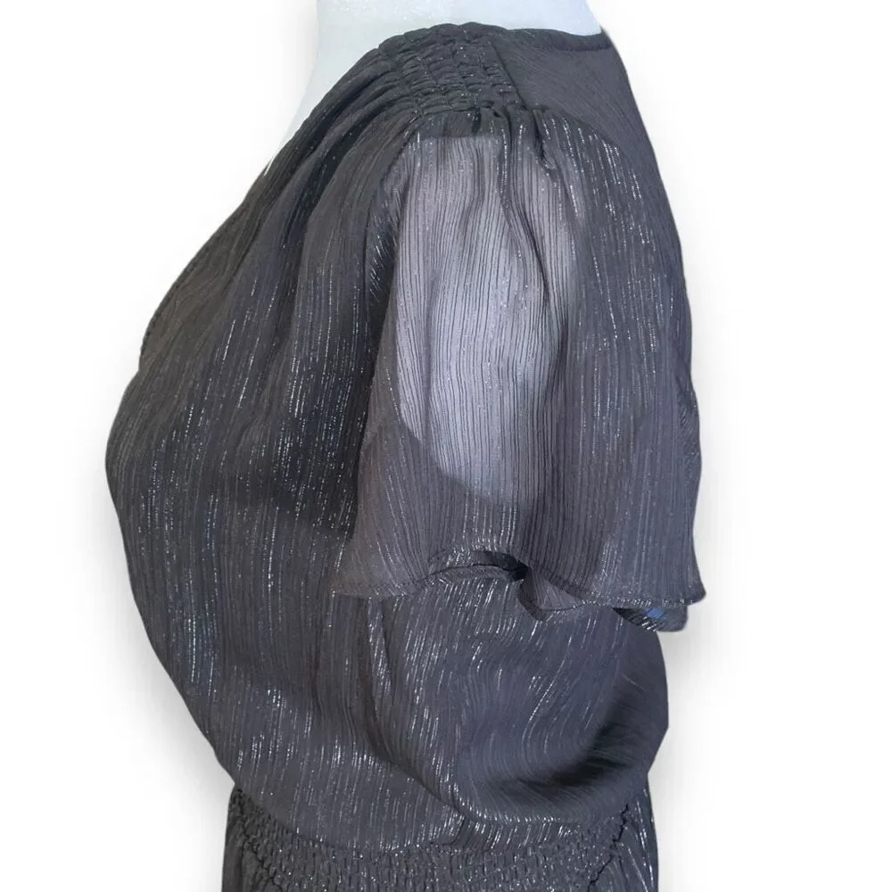 Michael Kors Dress‎ Faux Wrap Black Metallic Shimmer Asymmetrical Ruffle Sheer